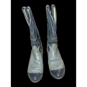 Vintage Tony Lama Two Tone Grey Black Leather Western Cowboy Boots Stitch Detail